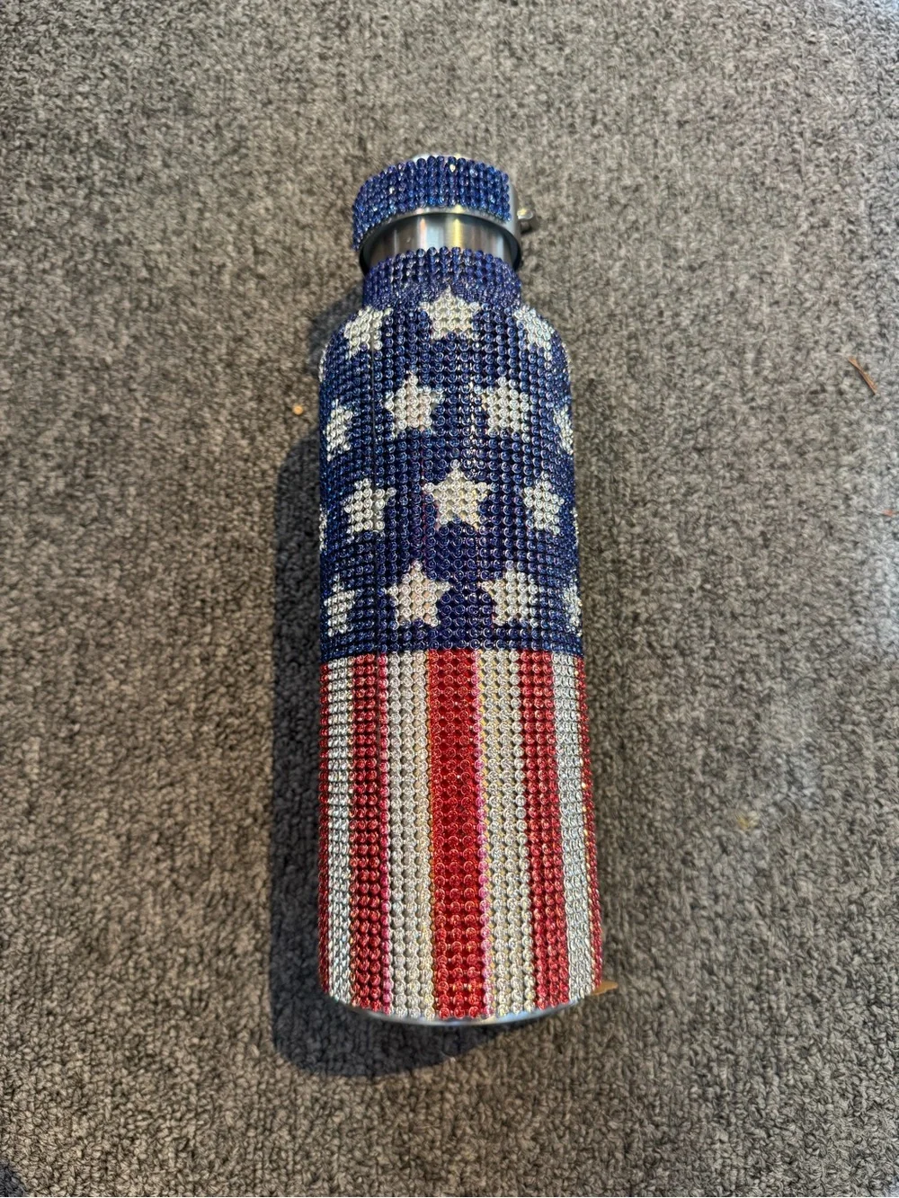 American Flag Rhinestone Water Bottle - Blue/Red/Silver